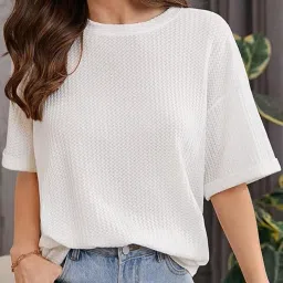 Women Self Design Round Neck Wool Blend Pink T-Shirt-image-45