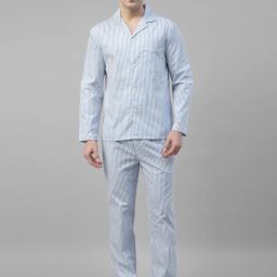 Men Shirt & Pyjama set White, Blue Striped-image-2