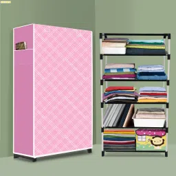5 Shelf Foldable Collapsible Wardrobe Storage Organizer Almirah Cloth Rack PVC Collapsible Wardrobe-image-82