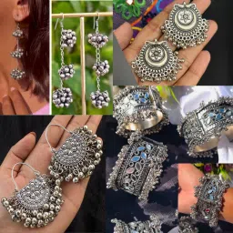 Oxidised Openable Bracelet and Bangles and Earrings Combo for Women & Girls | 09 Alloy Jhumki Earring-image-22