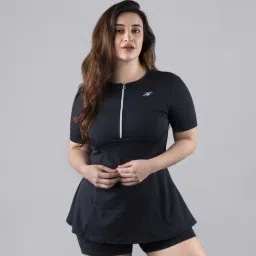 women's padded plus size swimset with zipper top and boyshorts Solid Women Swim-dress Black Swimsuit-image-2