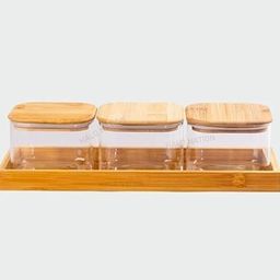halo nation Square Airtight Jar Set with Wooden Lid & Tray| Set of 3 - 500 ML Container, Tray Serving Set-picture-0