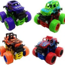 Set of 4 Unbreakable Friction Powered 4WD Mini Monster Trucks Big Rubber Tires Suspension Inertial Off-Road Vehicle Four Wheel Drive Plastic Children Toy Car (4pc) (Multicolor)-5