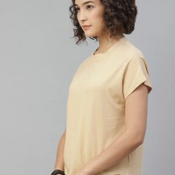 Women Solid Round Neck Pure Cotton Beige T-Shirt-image-35