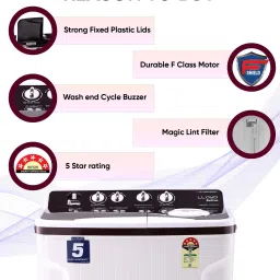 lloyd by havells 7.5 kg 1300 RPM, Soak Function, 3 Wash Programs, Swift Dry, Magic Filter Semi Automatic Top Load Maroon, White image 3