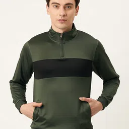 Flying Machine Men Olive Green & Black Colourblocked Sweatshirt-image-83