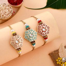 Aapno Rajasthan Unisex Set Of 3 Metal Engraved Rakhi-49