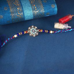 Vighnaharta Gold and Rhodium Plated Flower Thread Rakhi with Roli Chawal-43