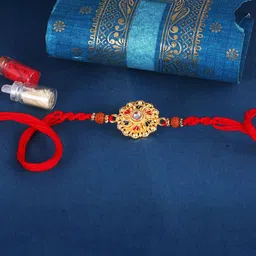 Vighnaharta Gold and Rhodium Plated Flower Thread Rakhi with Roli Chawal-31