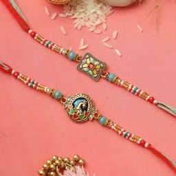 Aapno Rajasthan Set of 2 Peacock Beaded Rakhi with Roli Chawal & Greeting Card-image-33