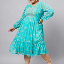 Antheaa Curve Plus Size Floral Printed Puff Sleeves Fit & Flare Midi Dress-image-62