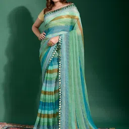 Anouk Blue & Sea Green Striped Mirror Work Pure Chiffon Saree-image-48