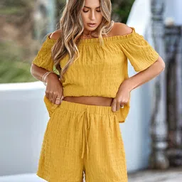 StyleCast Yellow Self Design Off-Shoulder Tops & Shorts-image-56
