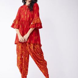Pannkh Women Red & Yellow Ethnic Motifs Printed Kurta & Dhoti Pant-picture-3