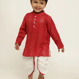 Stuffie Land Boys Striped Mandarin Collar Straight Kurta with Dhoti Pants-13