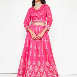Global DesiPrinted V-Neck Top With Skirt-image-47