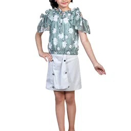 Nottie Planet Kids Girls Green & White Floral Printed clothing set Set-image-10
