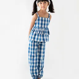 Little Musketeer Girls Blue & White Checked Pure Cotton Top with Pyjamas-image-77
