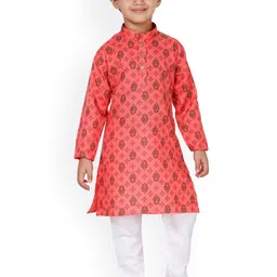 FOURFOLDS Boys Pink Ethnic Motifs Printed Cotton Blend Kurta Set-image-35