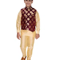 FOURFOLDS Boys Gold-Coloured & Maroon Kurta with Pyjamas & Waistcoat-12