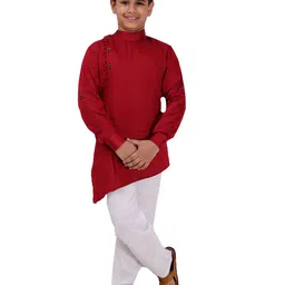 FOURFOLDS Boys Maroon & White Solid Regular Kurta & Pyjamas-23