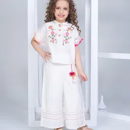 Peppermint Girls Embroidered Tie-Up Neck Short Sleeves Top with Palazzos-image-1