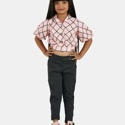 Peppermint Girls Peach-Coloured & Navy Blue Checked Shirt with Trousers-image-33