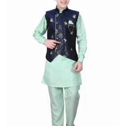 FOURFOLDS Boys Green & Navy Blue Kurta and Pyjamas with Waistcoat-picture-33