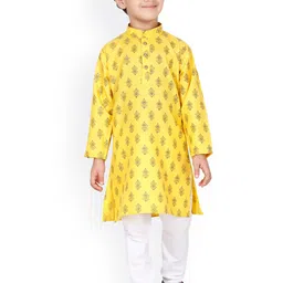 FOURFOLDS Boys Yellow & White Printed Kurta With Pyjamas-picture-0