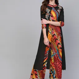 Pannkh Women Pure cotton Black Shrug With Printed Cotton Top & Pants Co-ords Set-image-27