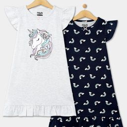 R&B Girls Pack Of 2 Printed Ruffled Pure Cotton T-Shirt Nightdresses-picture-5