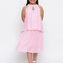 SKY HEIGHTS Girls Pink & Silver Polka Dots Printed Top With Skirt-image-28