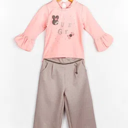 Peppermint Girls Peach-Coloured & Brown Embellished Top with Palazzos-image-86
