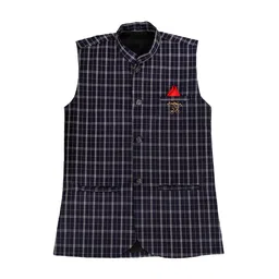 FOURFOLDS Boys Navy Blue & White Checked Woven Nehru Jacket-24
