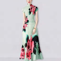 JC Collection Women Floral Print Accordion Pleated Top & Skirt-picture-29