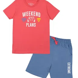 Masculino Latino Boys Coral & Blue Printed T-shirt with Short Set-image-50