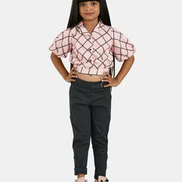 Peppermint Girls Peach-Coloured & Grey Checked Top with Trousers-image-76