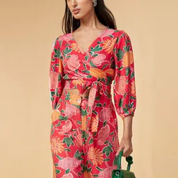 Global Desi Floral Printed V-Neck Cuffed Sleeves Top With Trousers-image-91