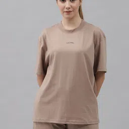 GRIFFEL Women Brown Solid Pure Cotton T-shirt with Shorts-11
