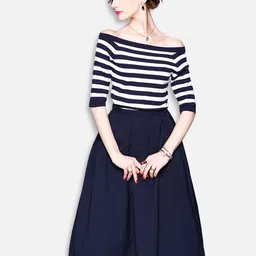 JC Collection Women Blue & White Striped Top with Skirt-46