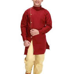 FOURFOLDS Boys Maroon & Cream-Coloured Solid Regular Kurta With Pyjamas-1