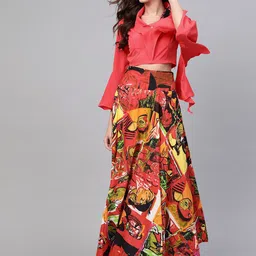 Pannkh Women Embroidered Top with Abstract Printed Skirt-image-80