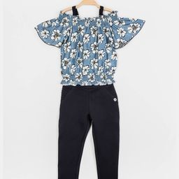 Peppermint Girls Blue & Navy Blue Floral Printed Top with Trousers-image-58