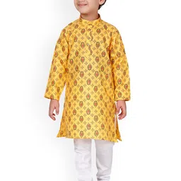 FOURFOLDS Boys Yellow & White Ethnic Motifs Printed Kurta with Pyjamas-picture-2