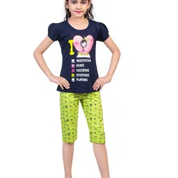 Nottie Planet Girls Navy Blue & Green Printed Night Suit-image-82