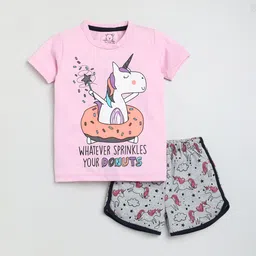 Lazy Shark Girls Pink & Grey Printed T-shirt with Shorts-image-51