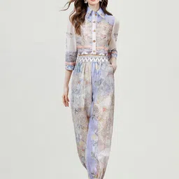 JC Collection Printed Shirt Style Crop Top & Trousers-image-4