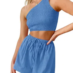 StyleCast Blue One Shoulder Crop Top With Shorts-18