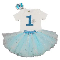 TINY MINY ME Infant Girls Blue & White Printed Bodyshuit with Skirt & Bow Clip-image-43
