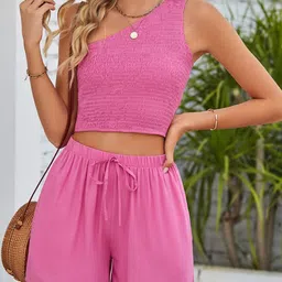 StyleCast Pink Self Design One Shoulder Sleeveless Crop Top With Shorts Co-Ords-picture-14